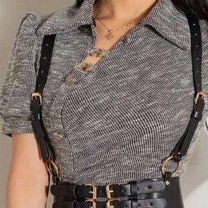 Ribbed Knit Button Polo with Black Leather Buckle Harness